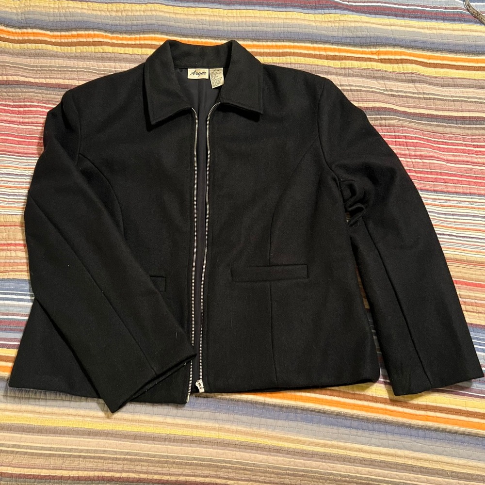 Argee Women's Black Wool Blend Zip Front Blazer Jacket Size 14‎ 16